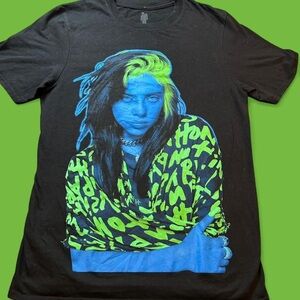Vibrant Neon Billie Eilish Pop Music T-Shirt Green & Blue - Women’s Size Medium